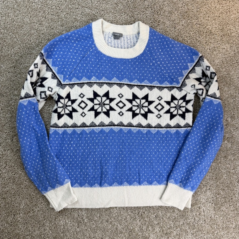Aerie Sweater Womens SP Petite Blue Fair Isle Long Sleeve Crew Neck Pullover